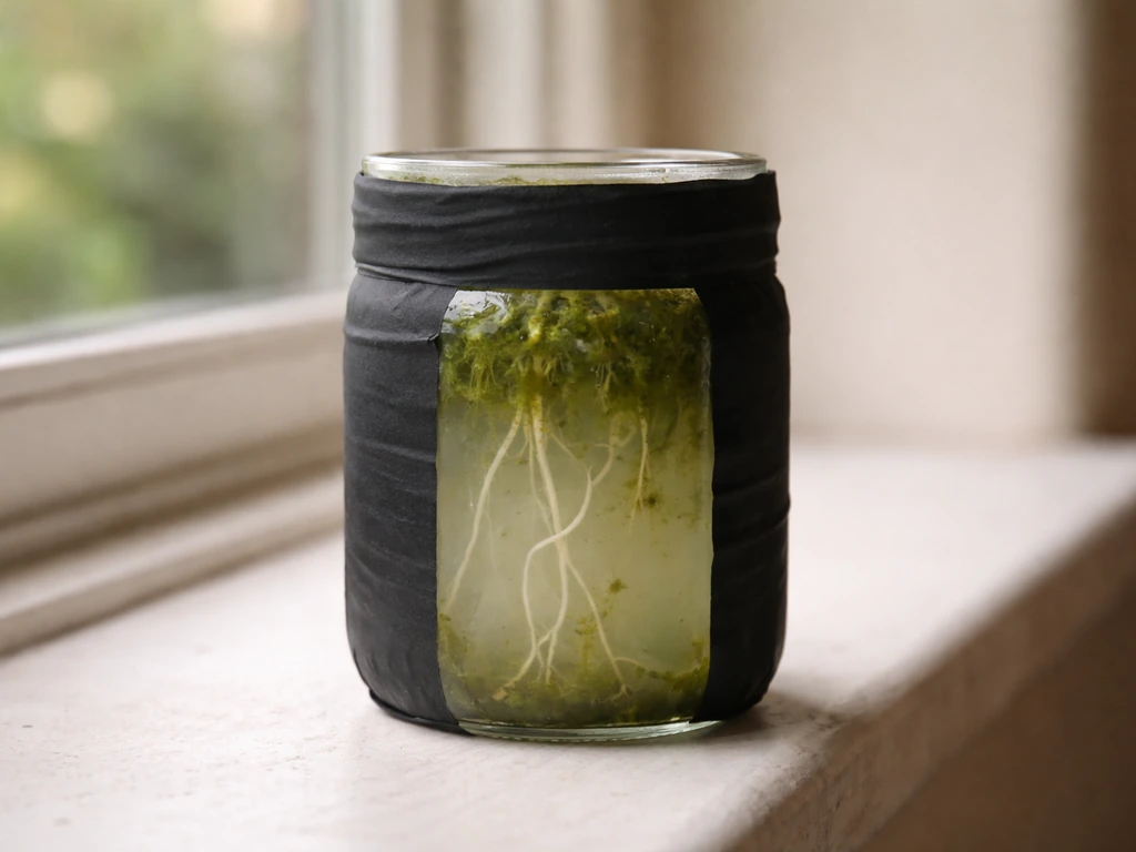 Clear mason jar with green algae on inner glass and water roots, wrapped to block light.