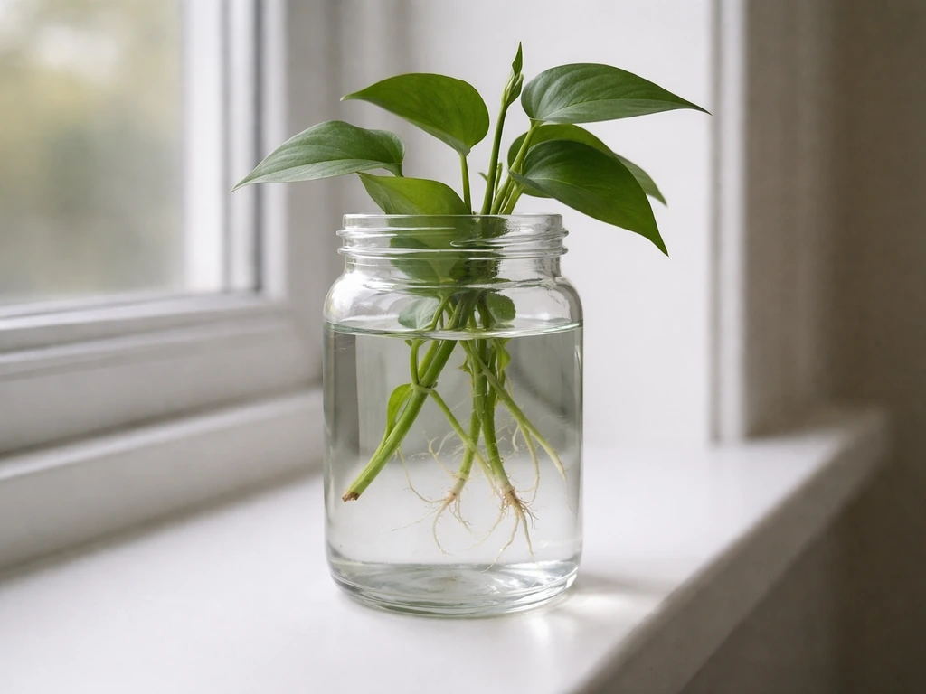Clear water-only glass jar on a windowsill with a green plant and roots visible in the water