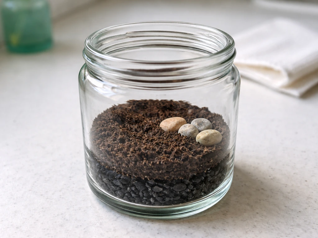 Close-up of a clean glass jar with activated charcoal and soil layers ready for planting.