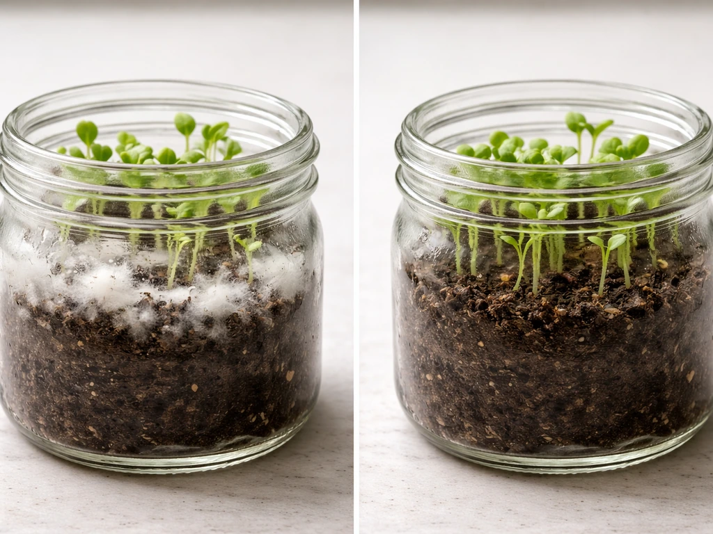Close-up of two jars: one with white fluffy soil mold, the other with healthy green seedlings.
