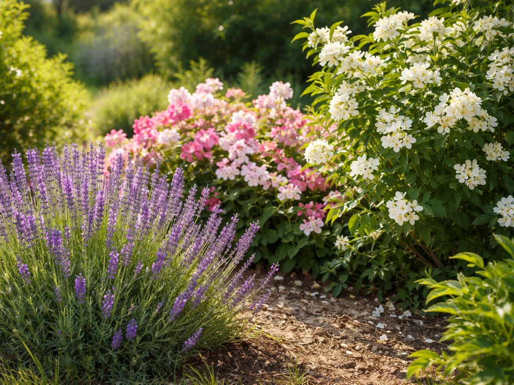 Sunlit garden border with blooming lavender, mock orange, and fragrant roses/phlox in view.