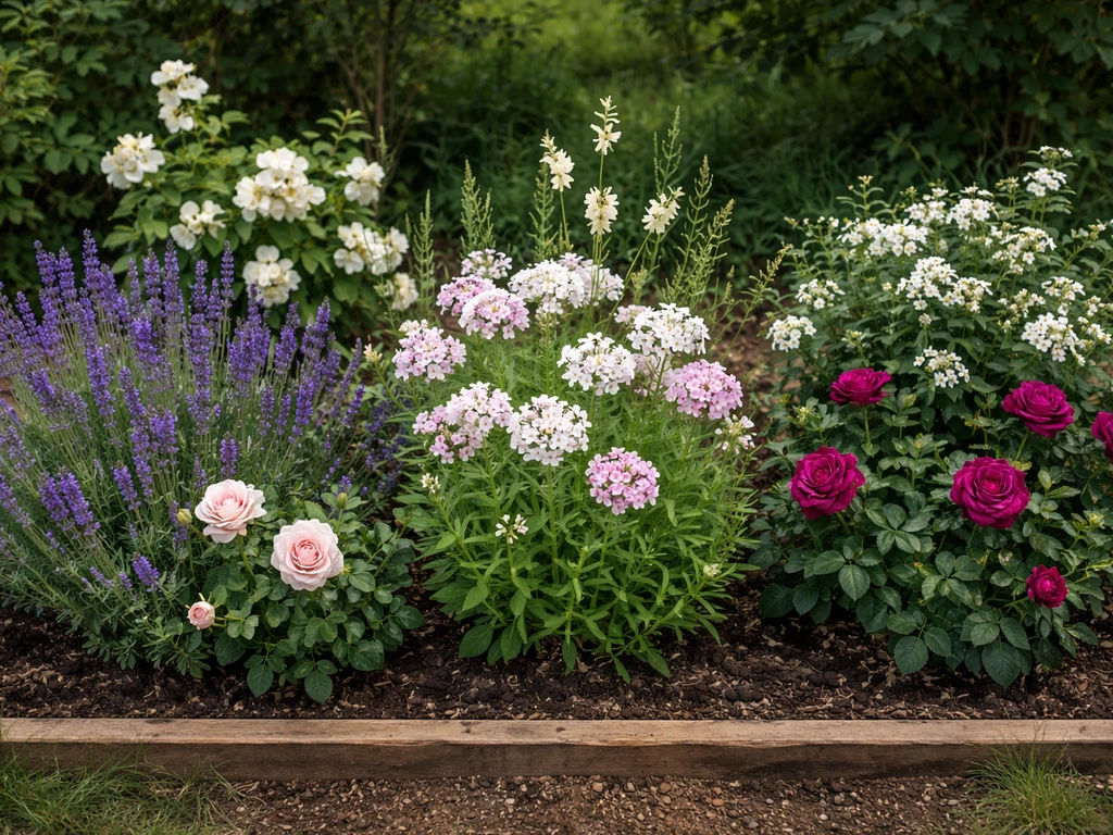 Three small groups of blooming plants outdoors representing sweet, herbal-clean, and evening fragrances.