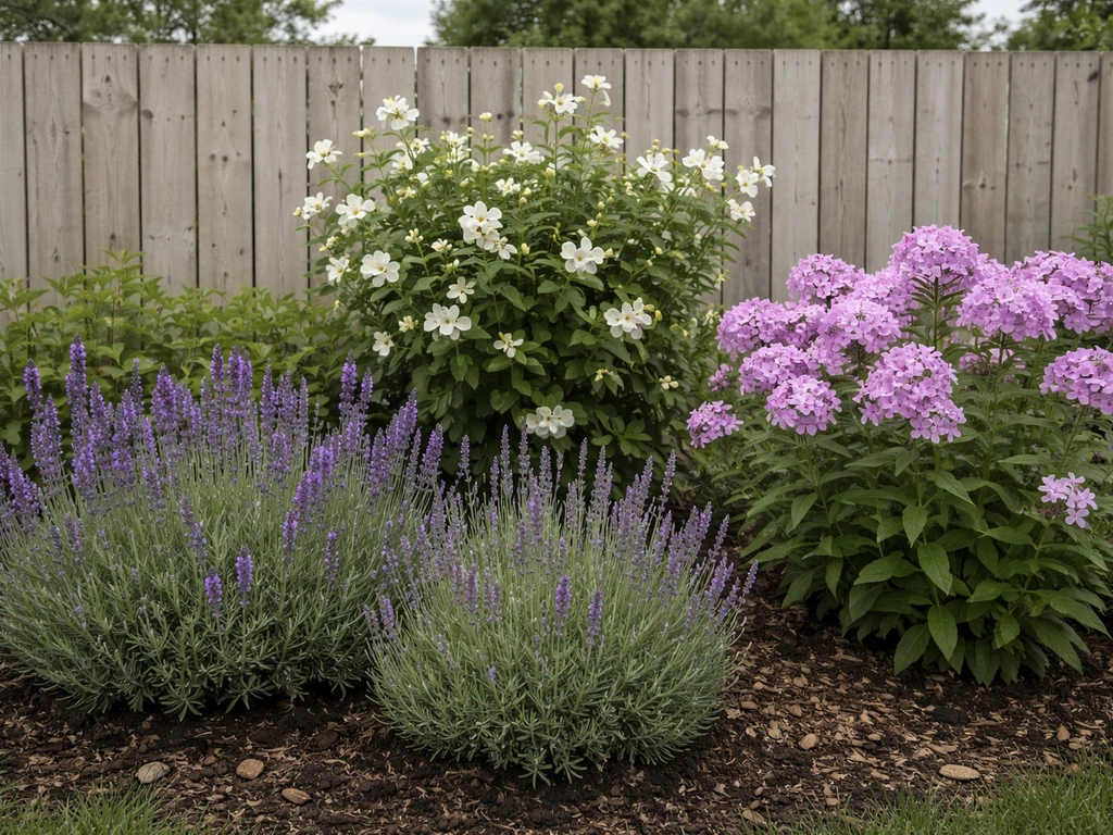 Lavender, mockorange blossoms, and phlox in a neat northern garden bed with natural lighting.