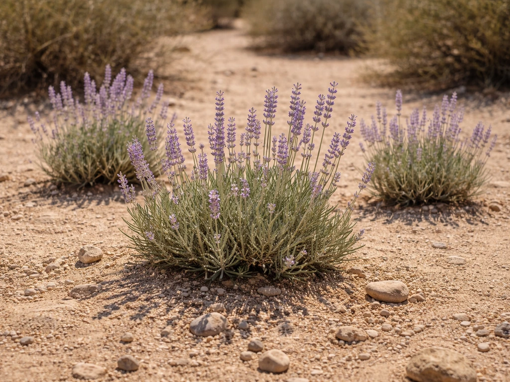 Drought-tolerant lavender growing in gritty dry soil under bright full sun in an arid Southwest landscape