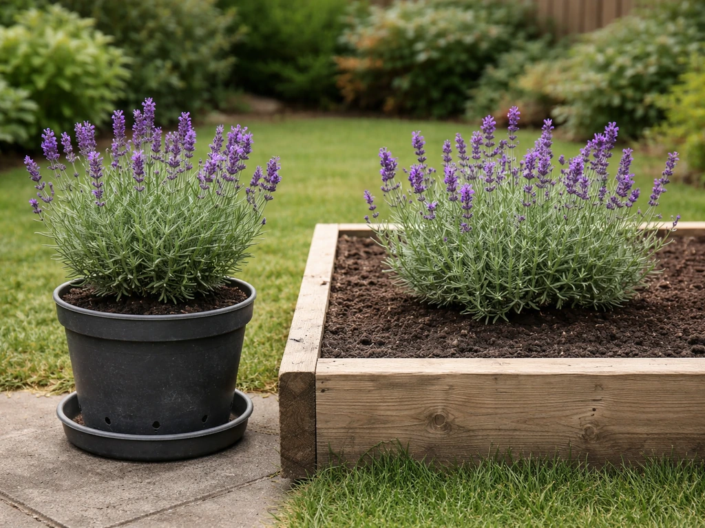 Identical lavender in a draining pot beside lavender planted in a garden bed, natural light.