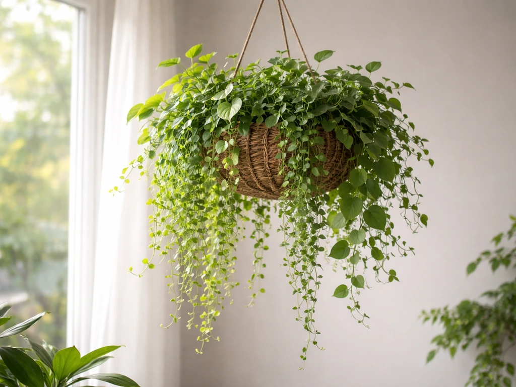 Lush cascading hanging planter with trailing plants in soft natural light