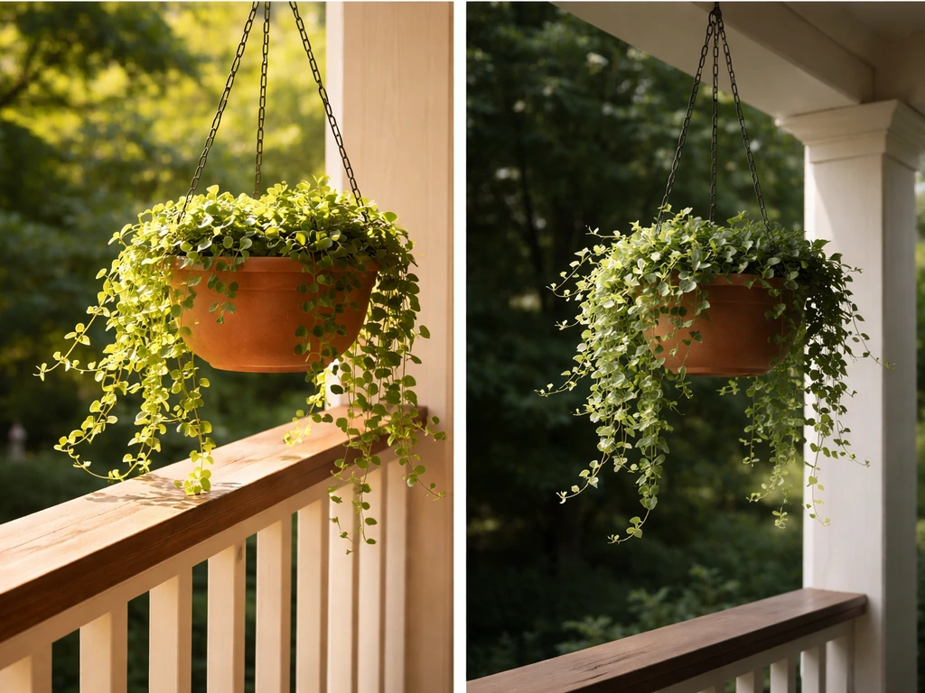 Hanging planters on a porch in bright sun and shaded corner showing light contrast