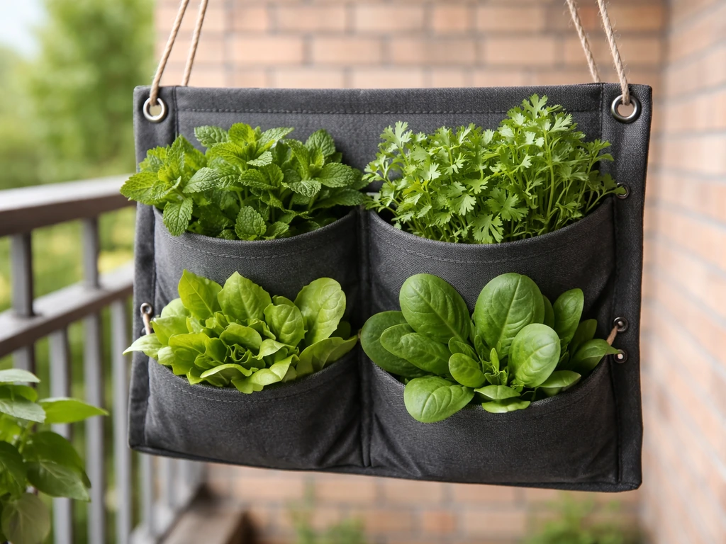 Hanging planter outdoors filled with compact herbs and leafy greens in small pockets/pots.