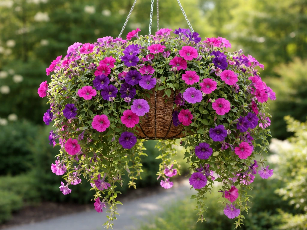 Trailing petunias blooming and spilling from a hanging basket in natural light.
