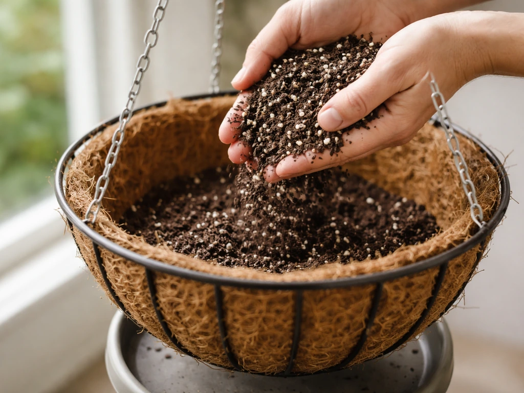 Hands filling a hanging planter with lightweight potting mix over a simple drainage setup