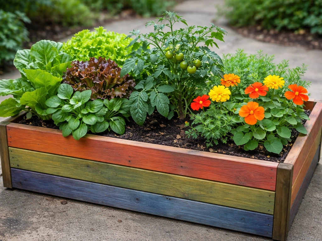 Colorful planter box with mixed edible greens, tomato plant, and bright flowers on a simple patio.
