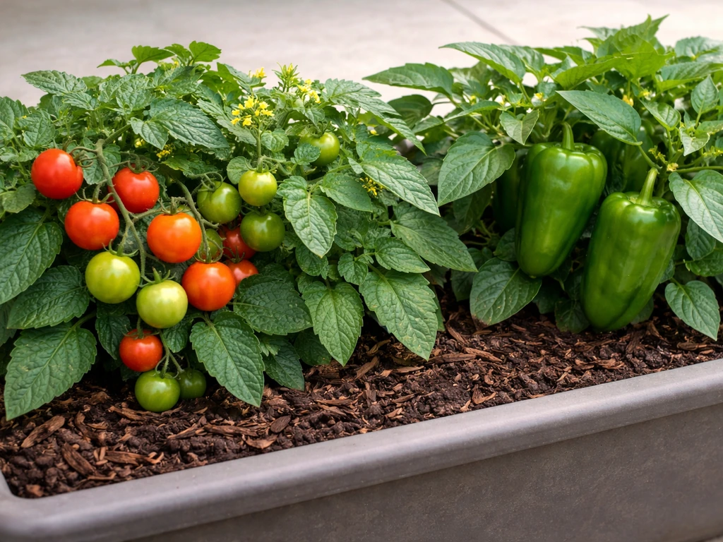 Close-up of compact patio tomato and pepper plants thriving in a planter box on a patio.