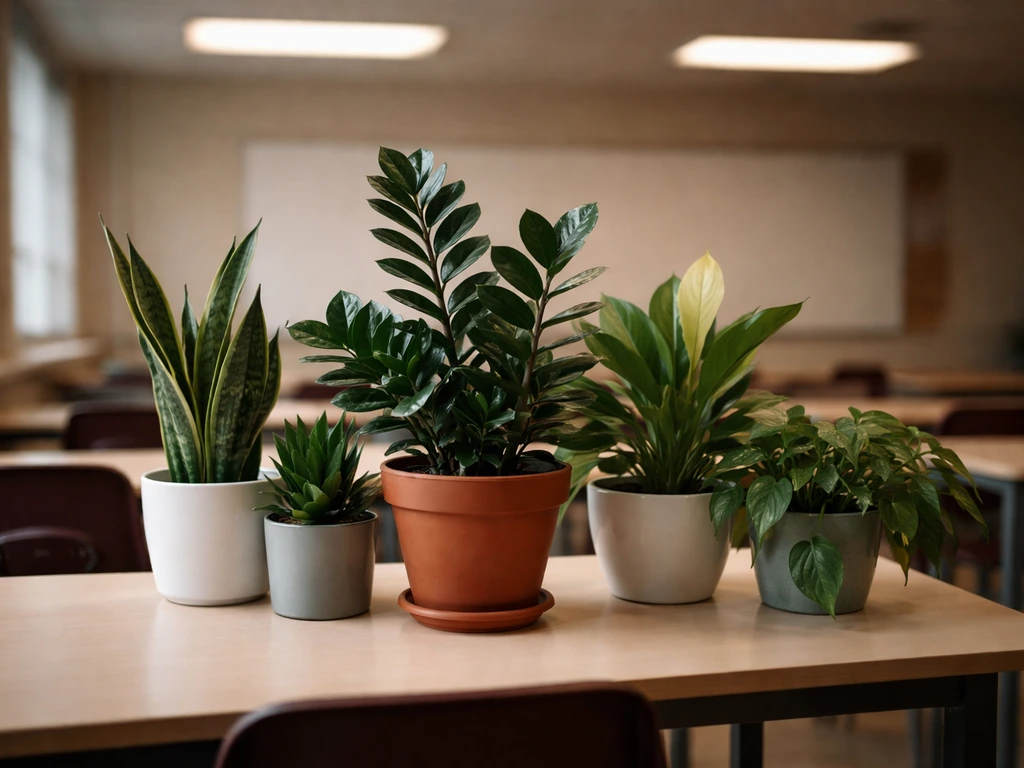 Low-light classroom desk setup with a standout ZZ plant centerpiece beside other easy-care low-light plants.