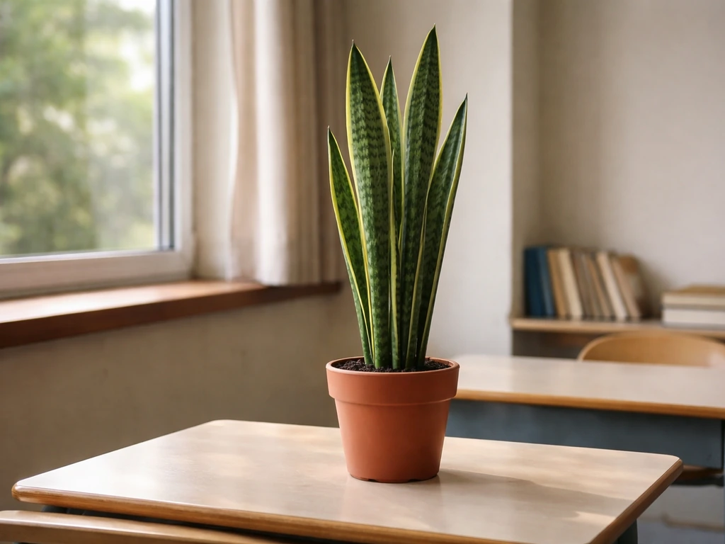 Upright snake plant in a terracotta pot on a classroom desk near a window, softly lit.