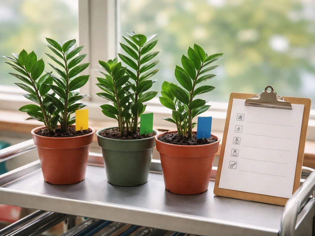 Small classroom plant care checklist card beside labeled pots on a rolling cart shelf