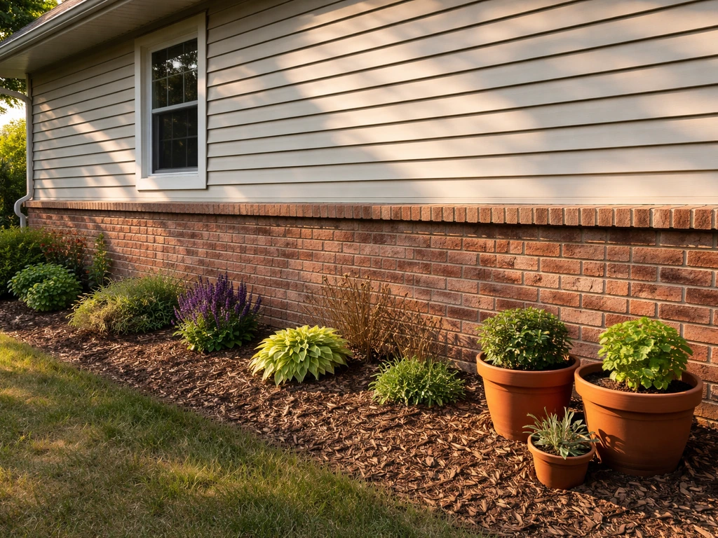 West-facing garden bed beside a house with containers and in-ground plants in afternoon sun.