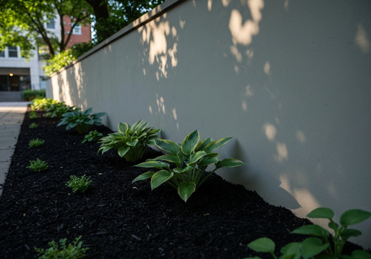 Horshade hosta plants along a west-facing wall in dappled afternoon light