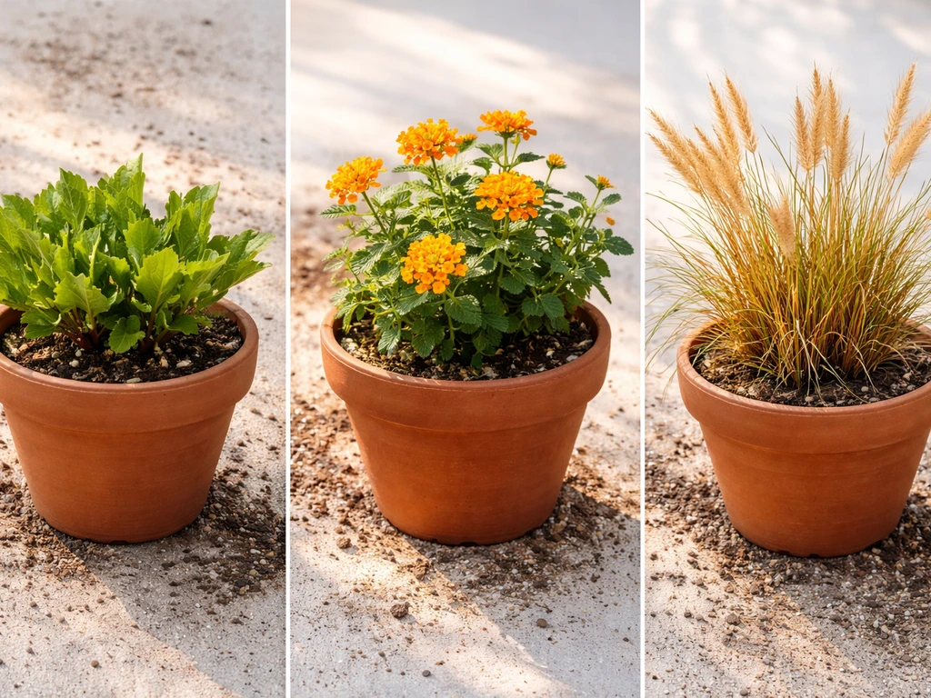 Three potted plants arranged as spring, summer, and fall planting picks in natural sunlight.