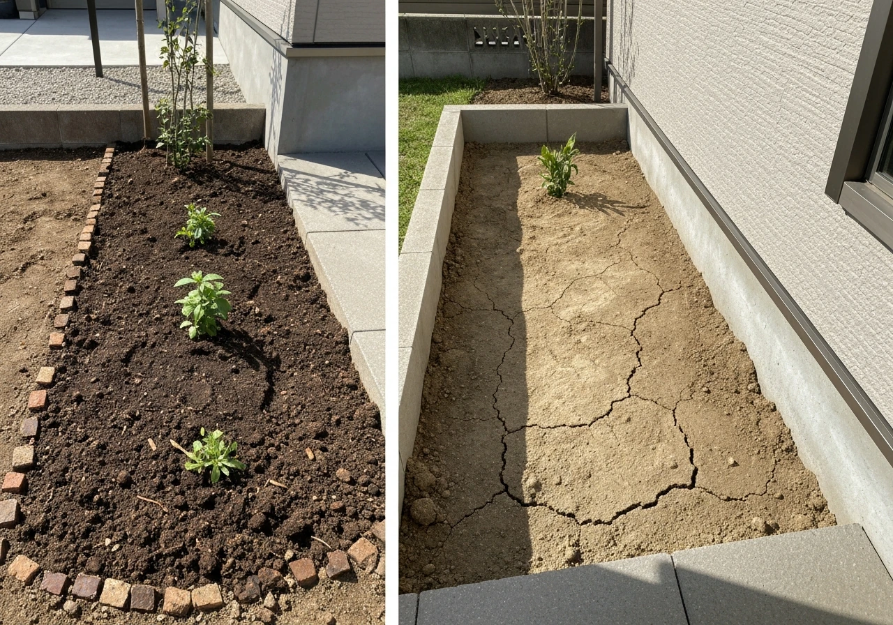 Side-by-side photo showing moist in-ground soil versus a container with noticeably drier topsoil by a west wall.
