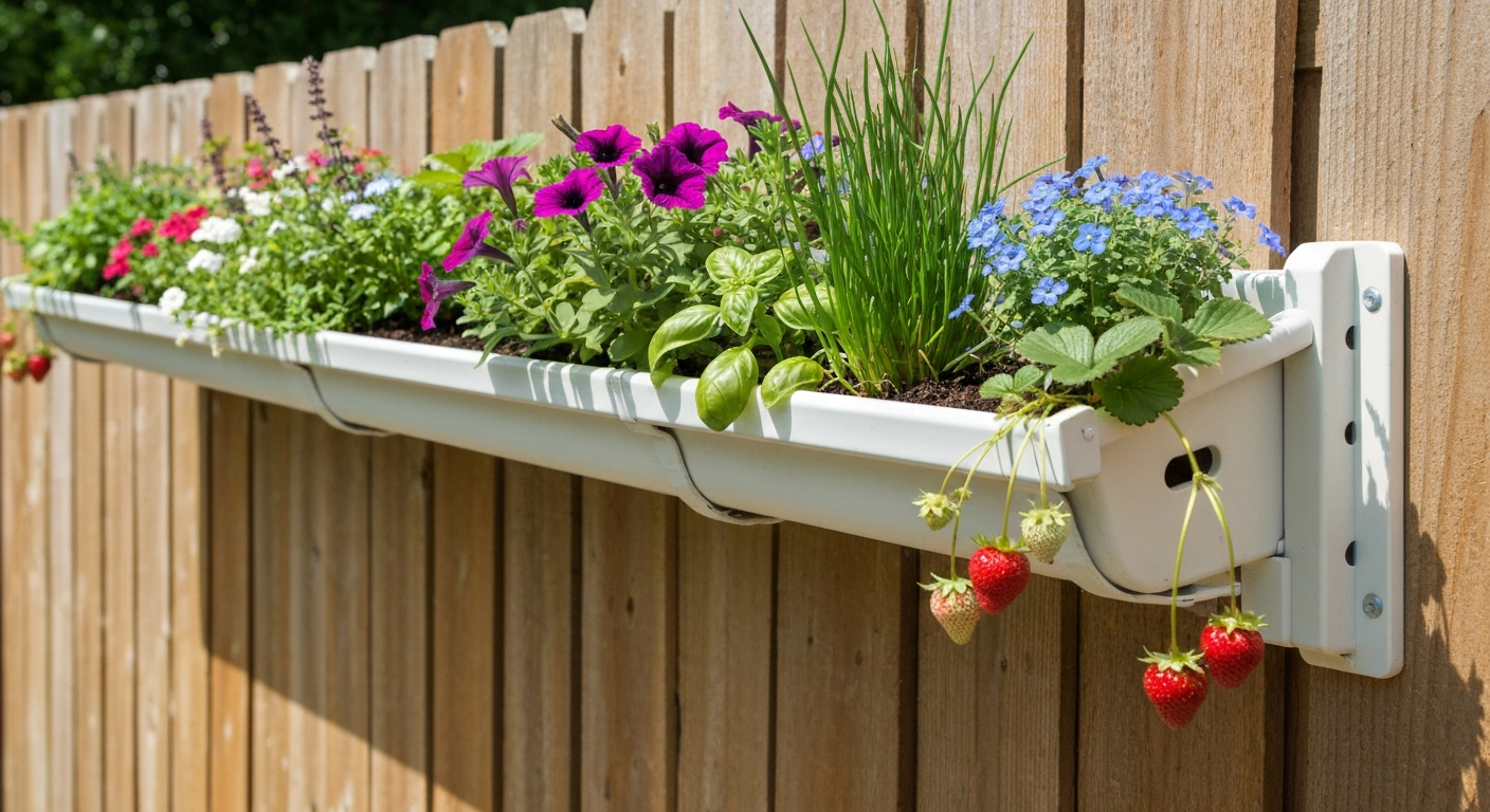 Long gutter planter on a wooden fence filled with trailing flowers, herbs, and strawberries, showing mounting brackets and drainage.