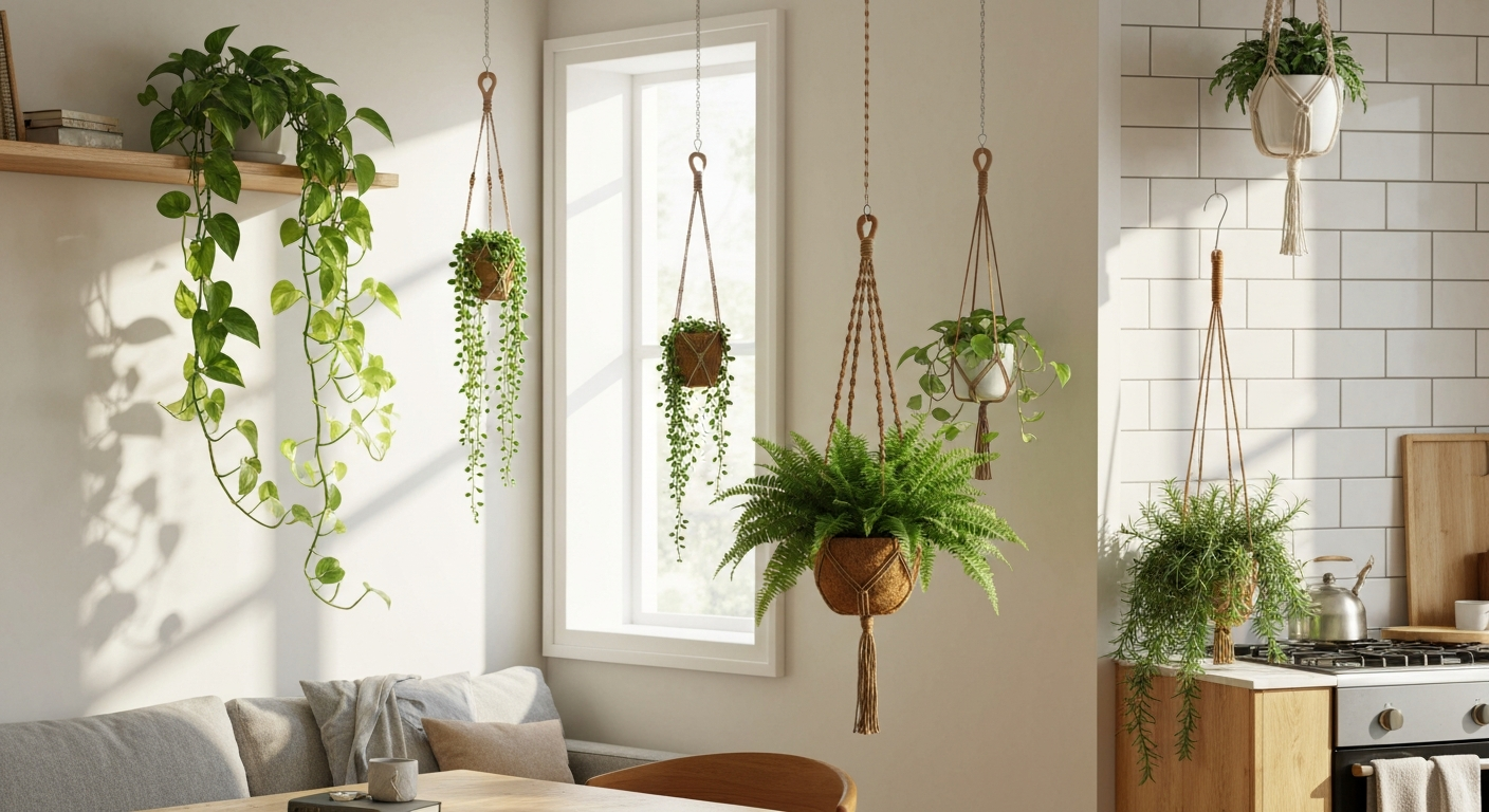 Bright modern apartment corner with several healthy hanging plants in macramé and baskets