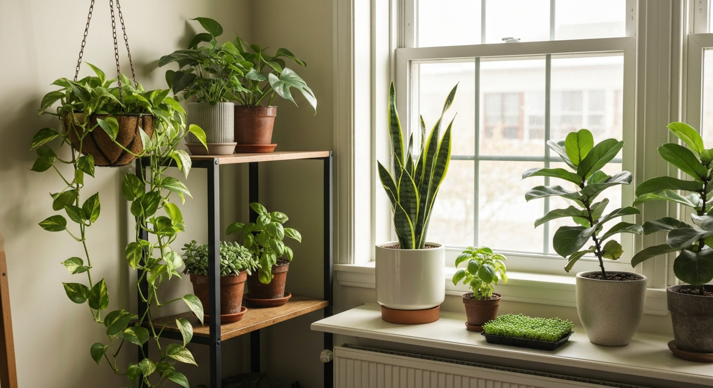 Bright indoor plant corner with varied potted plants on a windowsill and shelves, sunlight streaming through the window.