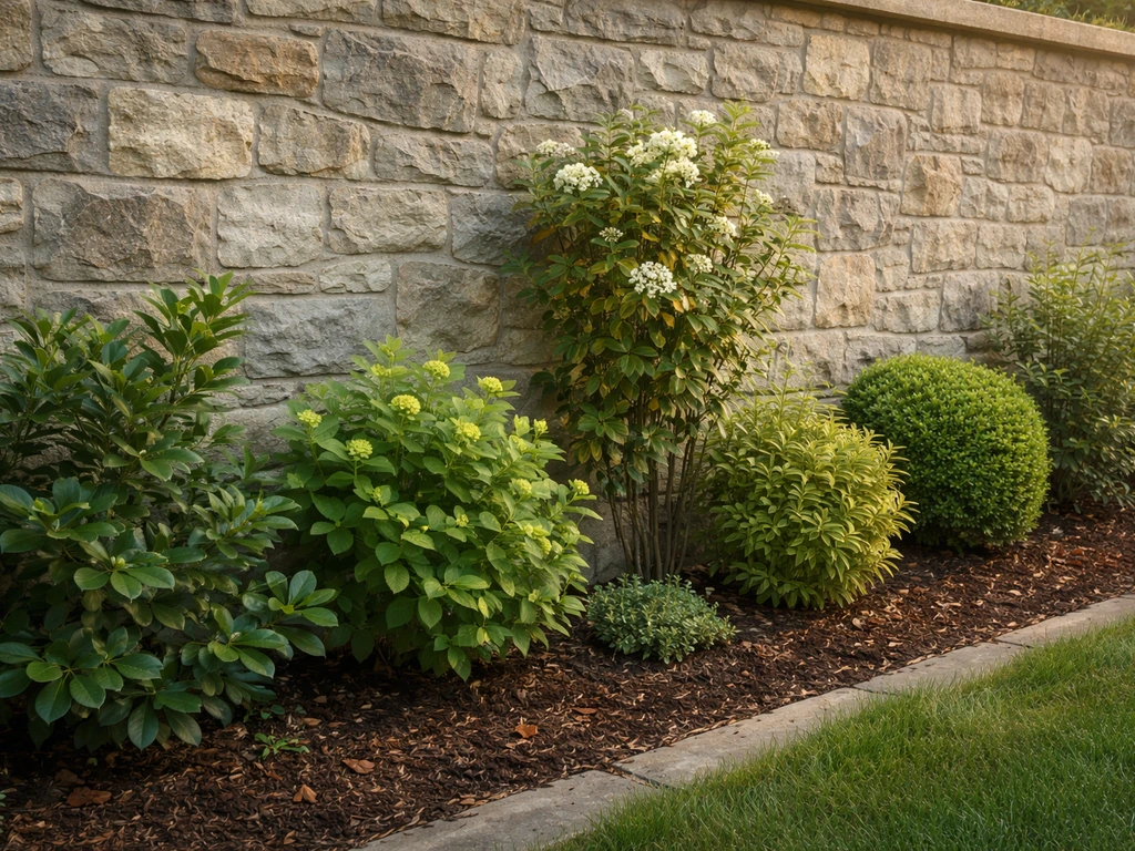 Stone garden wall with neatly trained shrubs of varying sizes in a mulched planting bed at the base.