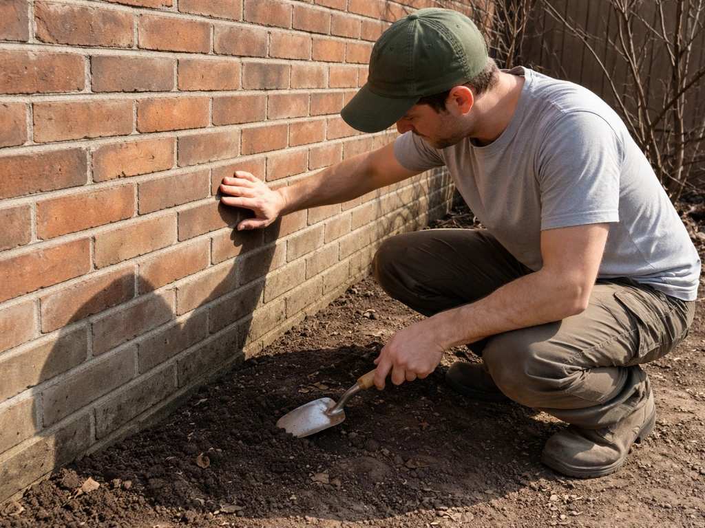 Gardener kneels by a brick wall, checking soil and sunlight exposure before planting shrubs.