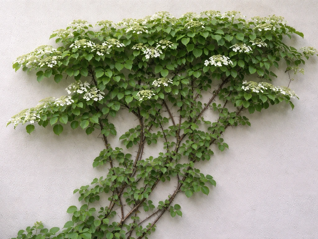Climbing hydrangea flourishing on a north/east wall in partial shade, with a healthy leaf canopy.