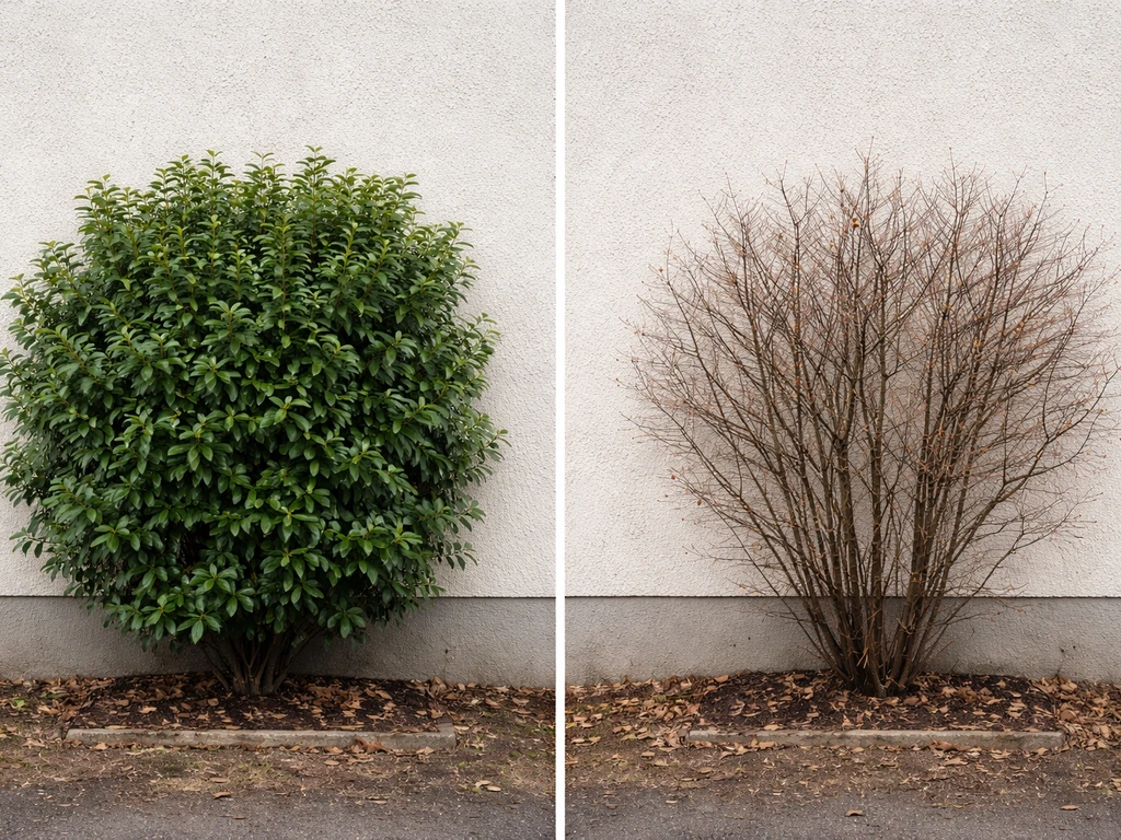 Side-by-side shrubs on a wall: evergreen with winter green foliage and deciduous with sparse winter branches.
