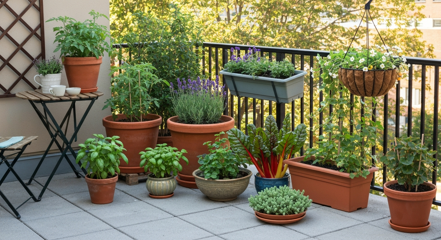 Sunny urban patio with a variety of container-grown plants including tomato, lavender, basil, pelargonium, alpine strawberry, swiss chard, sedum and begonia, arranged around a small table and chair.