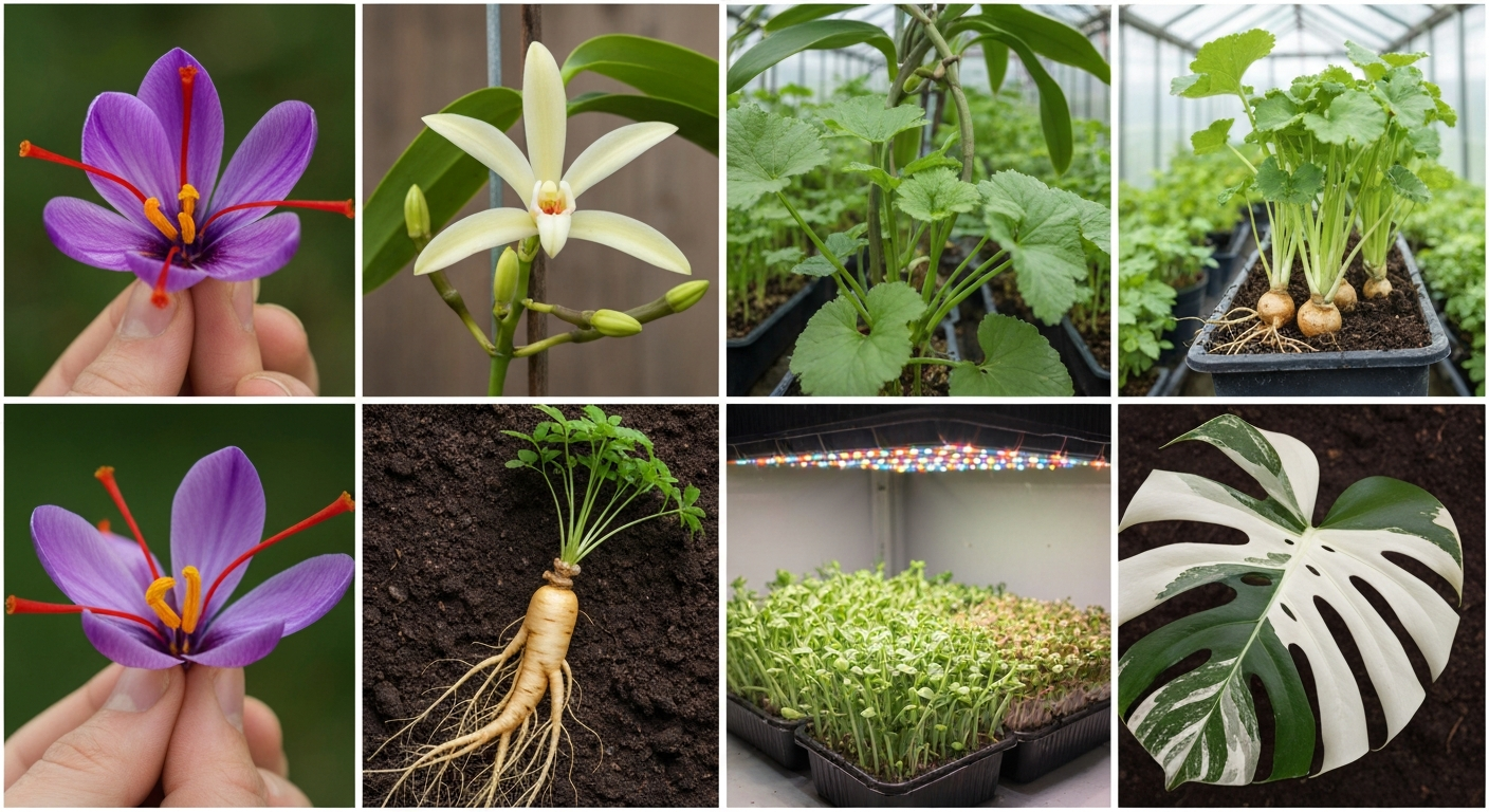 Collage of high-value plants you can grow at home: saffron crocus stigma, vanilla orchid in greenhouse, wasabi trough, ginseng root, microgreens tray, and variegated Monstera leaf.