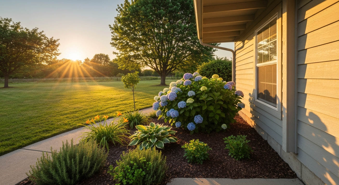 East-facing garden at sunrise with morning sun on plants and a roof overhang casting afternoon shade.