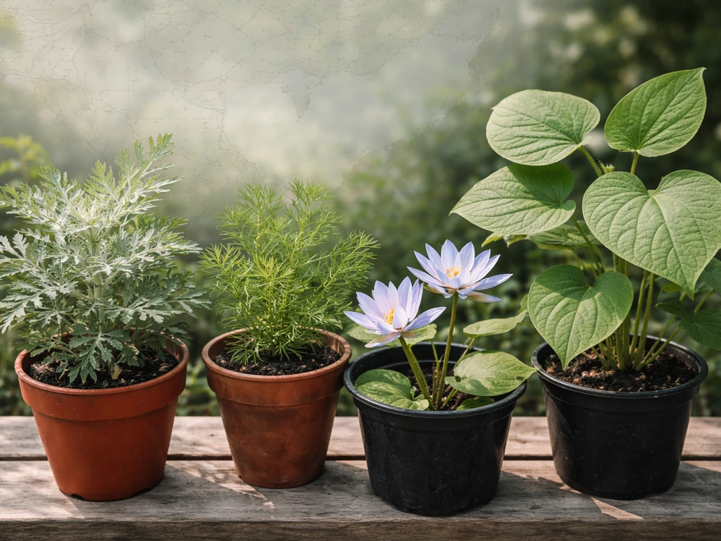 Close-up collage of several plants in pots with a faint map-like location overlay in the background.