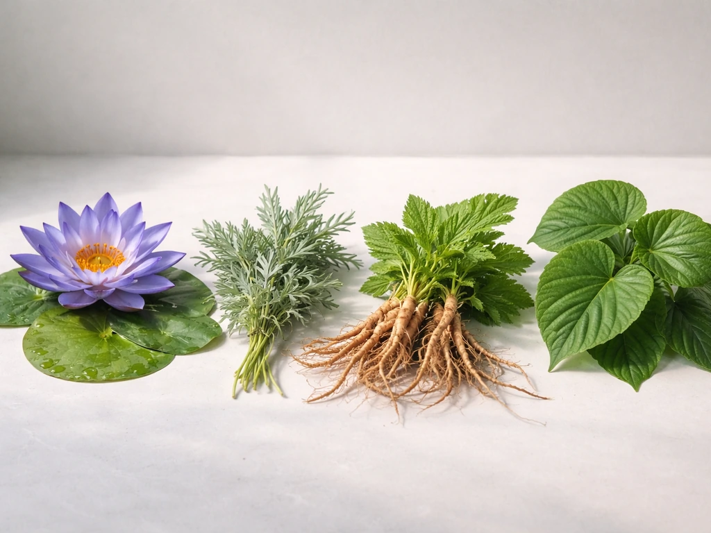 Close-up photo of assorted ornamental plant leaves and flowers arranged side-by-side on a neutral tabletop.