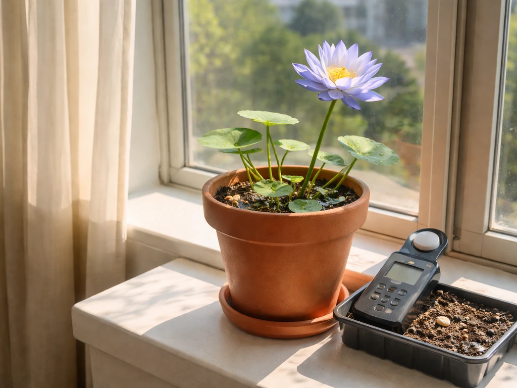 Single potted blue lotus by a sunny south-facing window with a light meter on a grow tray.
