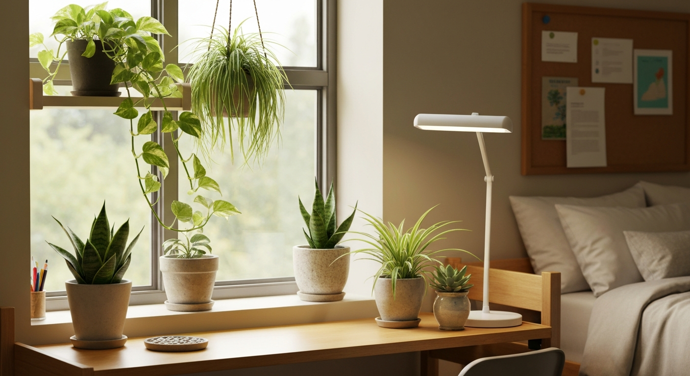 Cozy dorm room windowsill and desk with pothos, snake plant 'Hahnii', spider plant, ZZ plant, and succulents in small pots, daylight coming through the window.