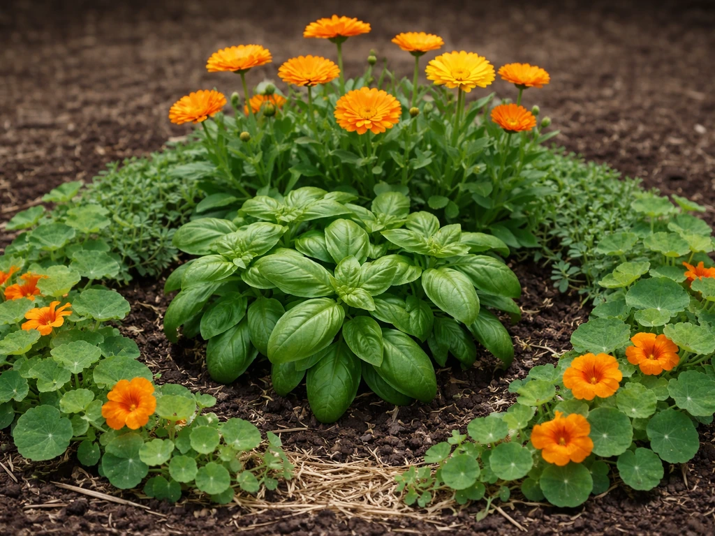 Three companion plants in one tidy container garden trio with clear spacing and layered growth.
