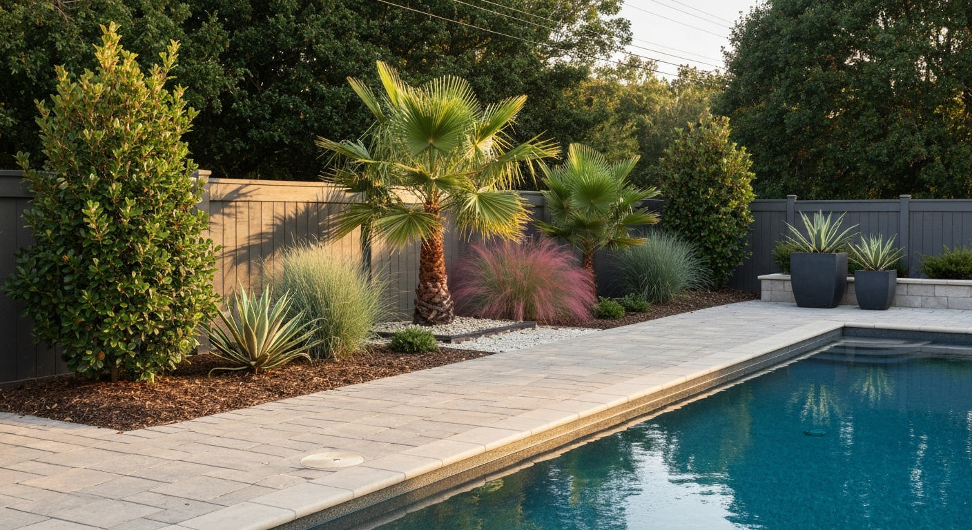 Backyard pool with low-mess plantings: clumping palms, ornamental grasses, evergreen shrubs, succulents, and raised beds creating a tidy, pool-friendly landscape.