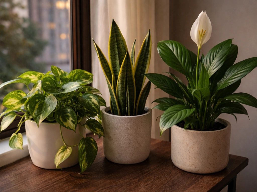 Three low-light houseplants—pothos, snake plant, and peace lily—on a dim apartment windowsill.