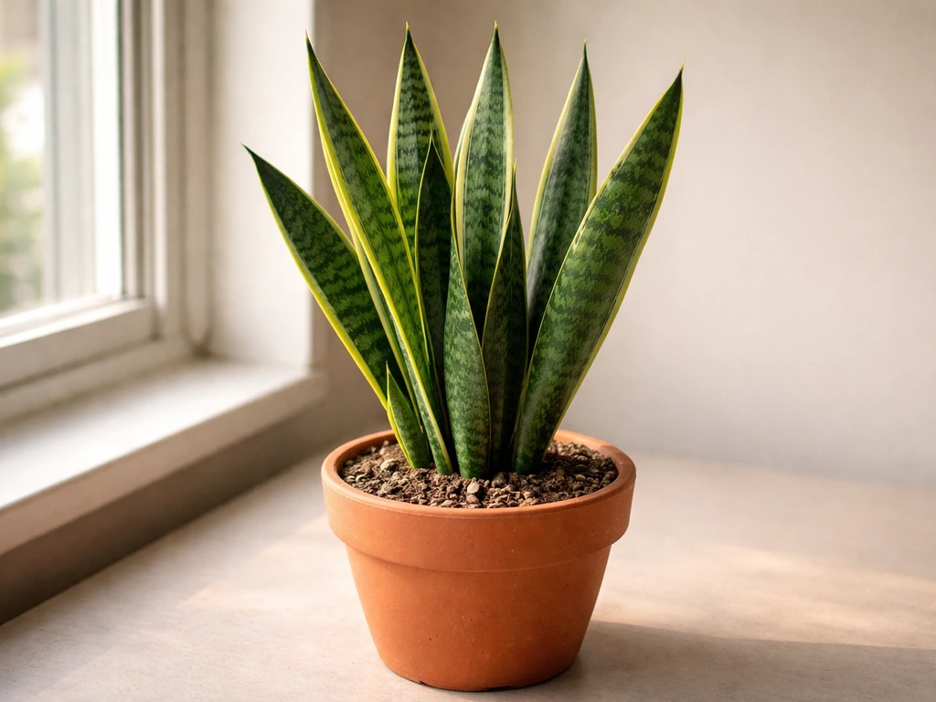 Close-up of an upright snake plant in a terracotta pot, highlighting its architectural leaves.