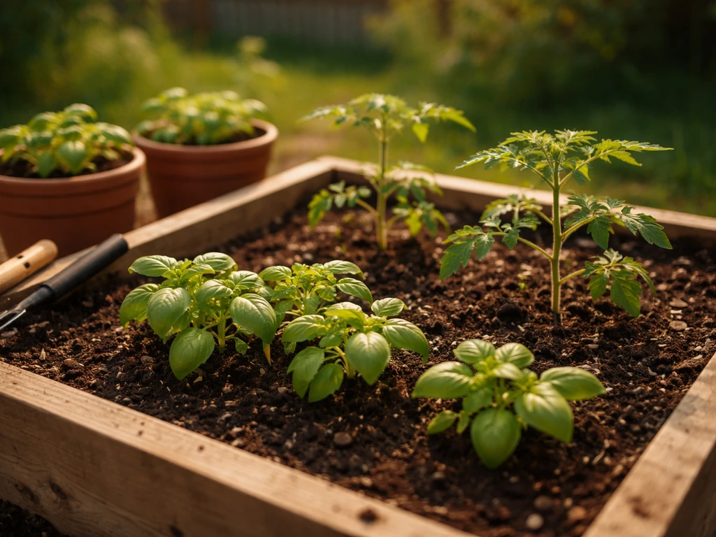 Sunlit raised bed with basil and young cherry tomato plants in warm-climate outdoor containers.
