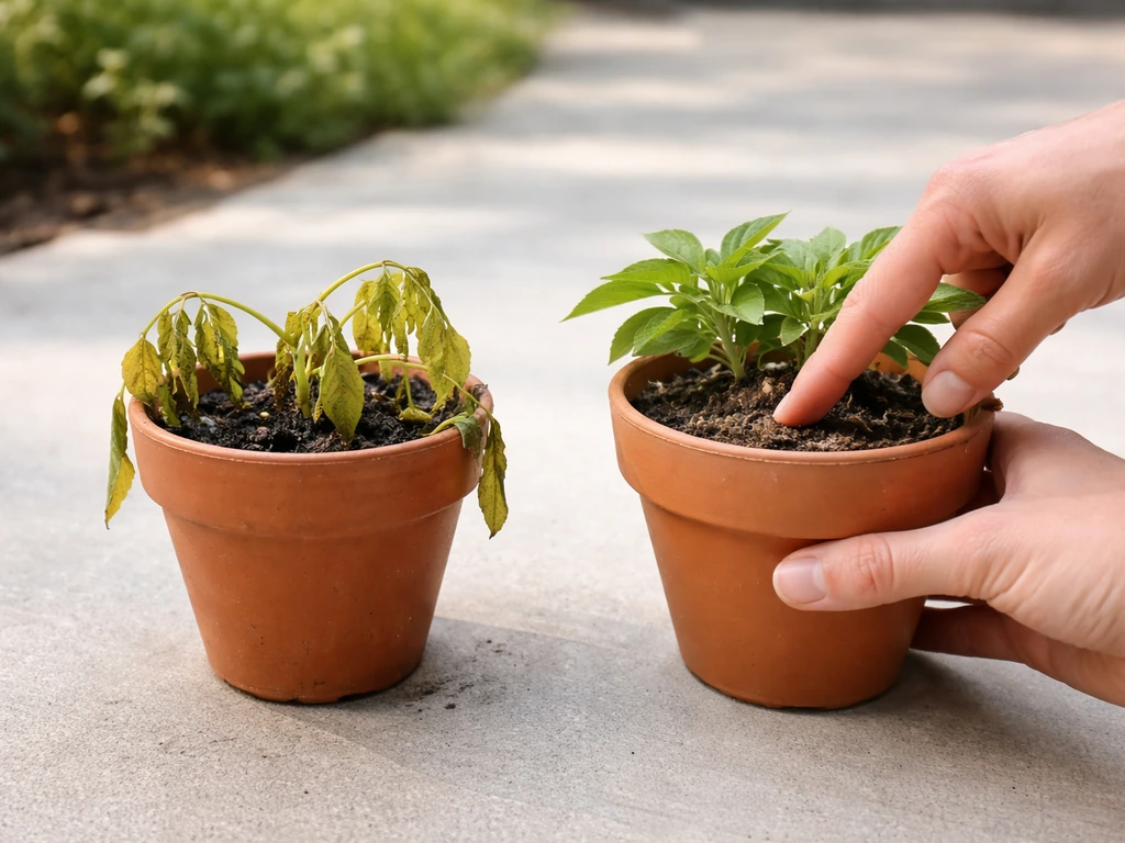 Two potted plants side by side: one yellowing from overwatering, one healthier with drier soil finger-check