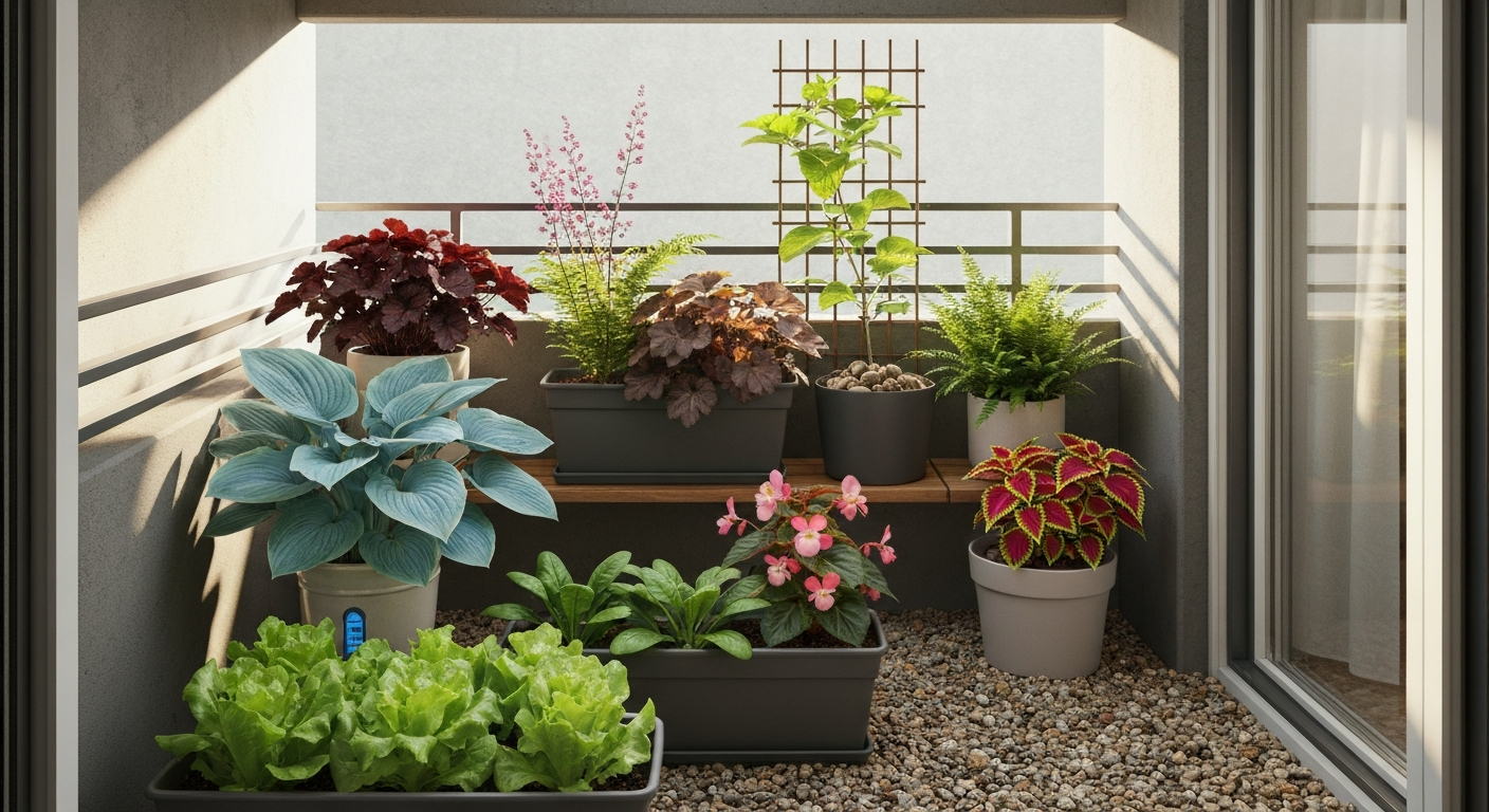 Shaded urban balcony with hosta, heuchera, fern, begonias, coleus, leafy edibles in containers and a young climbing hydrangea on a trellis.
