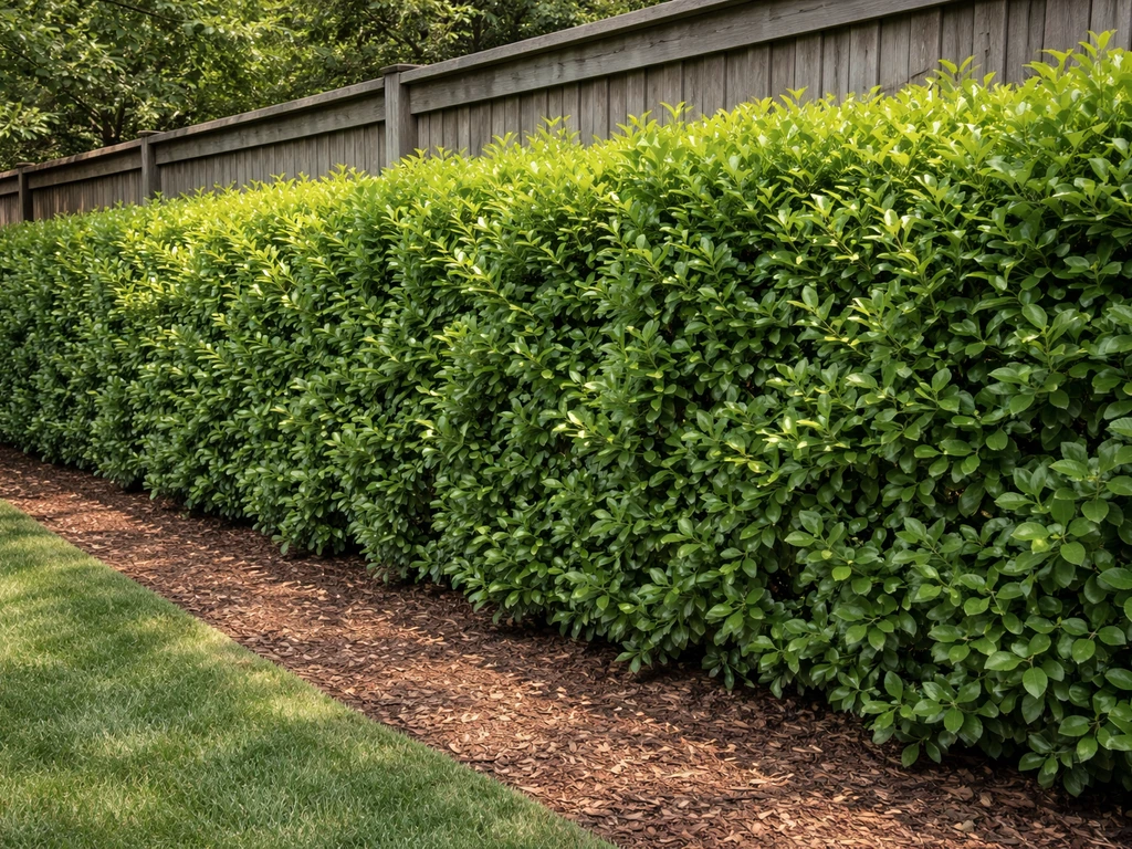 Lush privacy hedge fills a fence line with clear spacing between plants for fast screening.
