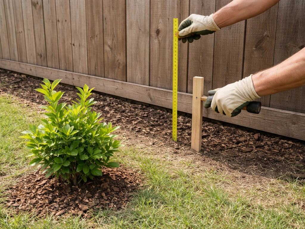 Hands measuring along a fence line with a tape measure and stake to plan privacy height and shrub spacing.