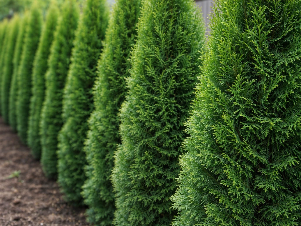 Close-up of Emerald Green arborvitae in a tight row, forming a dense evergreen privacy screen