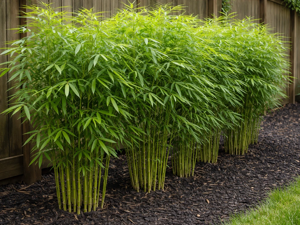 Clumping bamboo tufts forming a dense privacy screen in a quiet backyard garden
