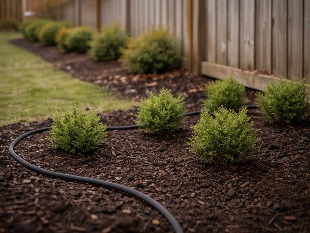 Evergreen shrubs freshly planted along a simple fence line with mulch and a watering hose.