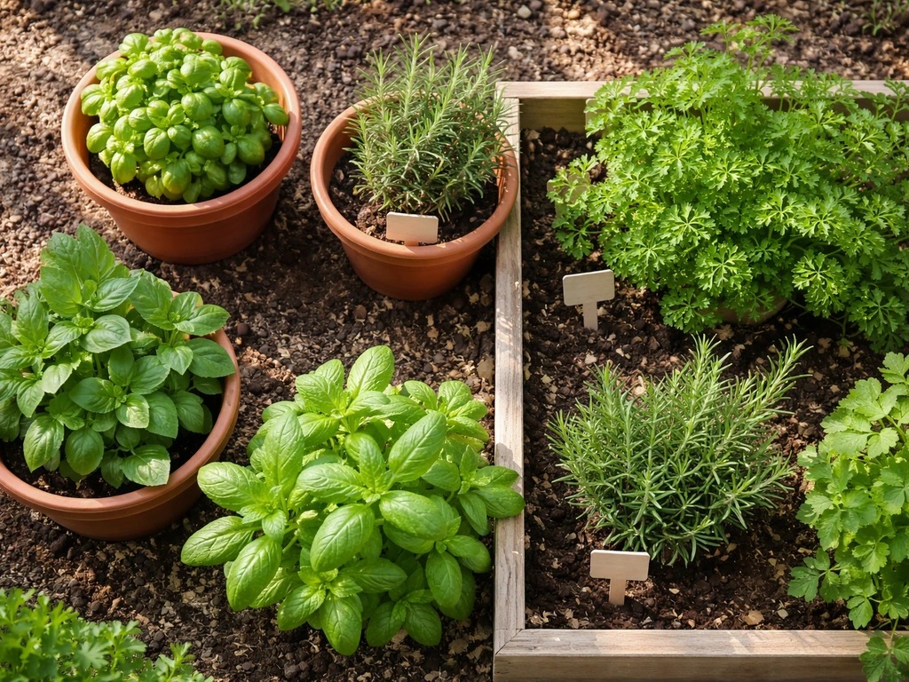Overhead view of sunlit herb plants in pots and raised beds, featuring basil, parsley, rosemary, and mint